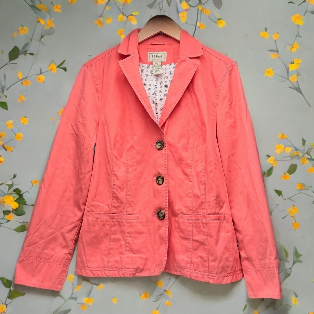 L.L. Bean Coral Pink Cotton Blazer Jacket Women 12 Office Preppy Coquette Chic